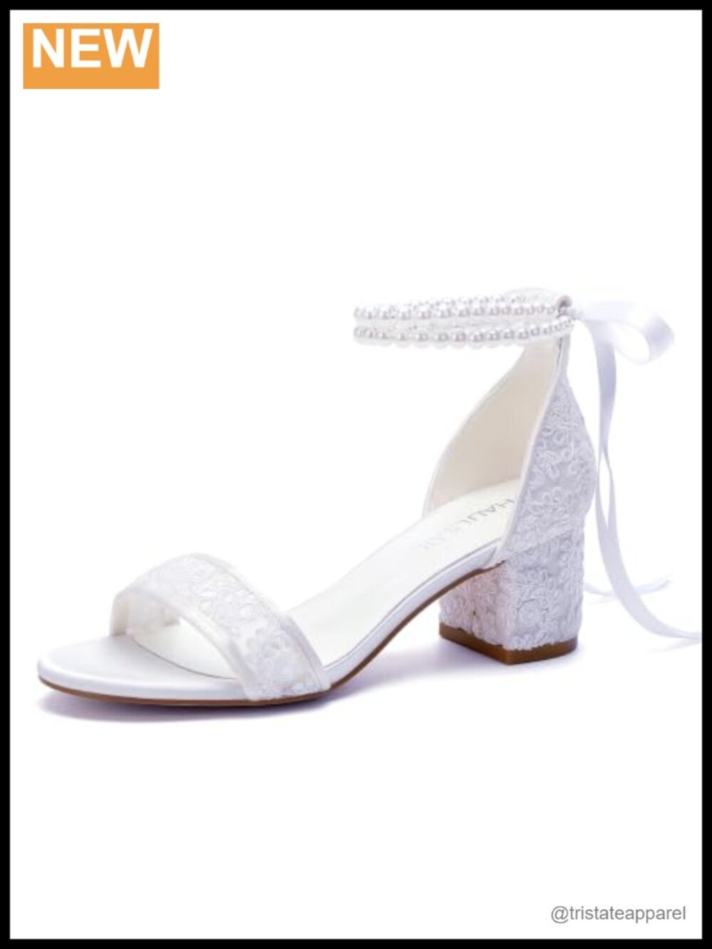 Lace Wedding Sandals Ankle Strap Pearl Block Heel Faux Silk Formal